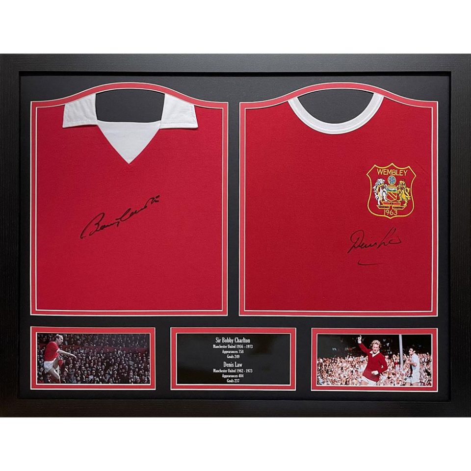 Manchester United Charlton & Law Signed Shirts (Dual Framed)